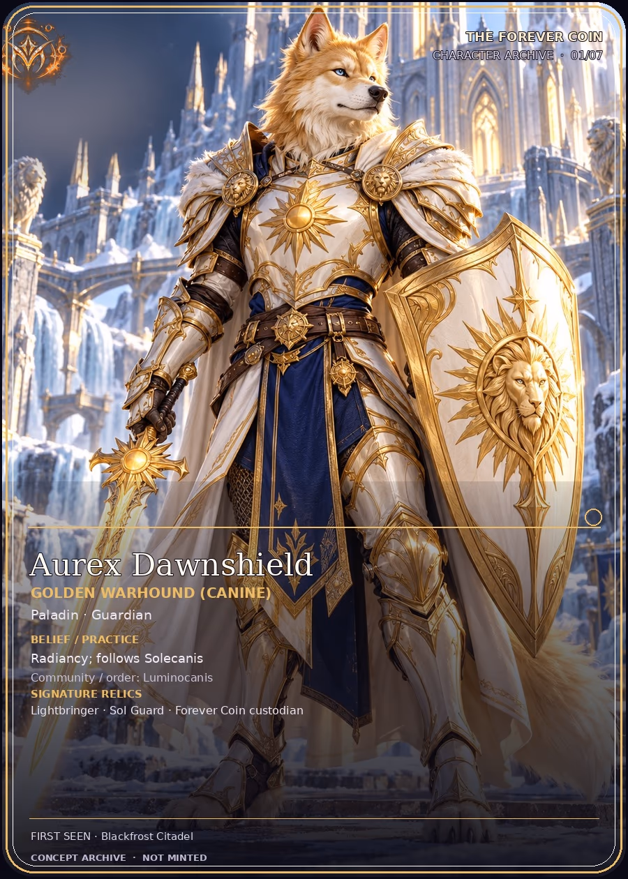 MFVRSE character card concept: Aurex Dawnshield, Golden Warhound paladin, Radiancy follower of Solecanis.