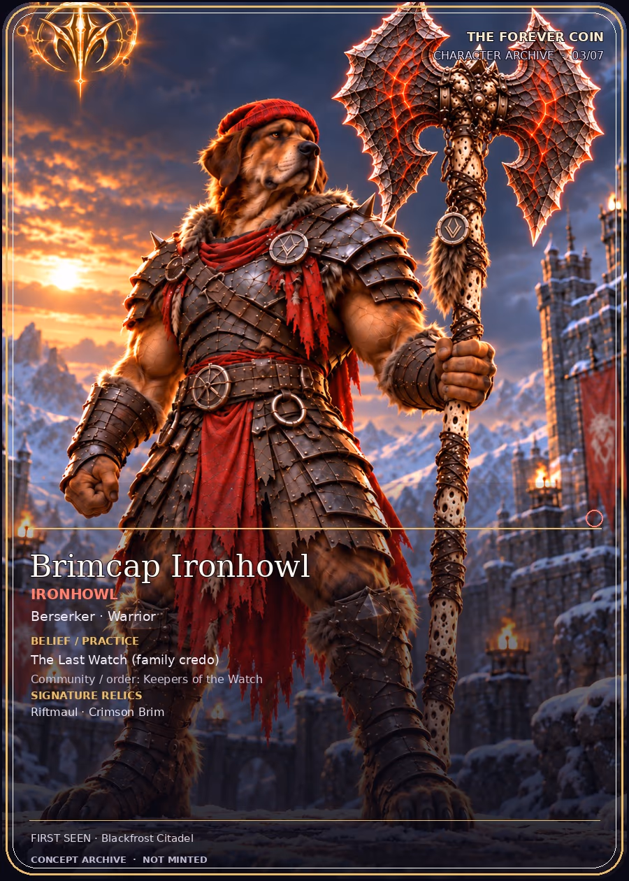 MFVRSE character card concept: Brimcap Ironhowl wearing the Crimson Brim and carrying Riftmaul.