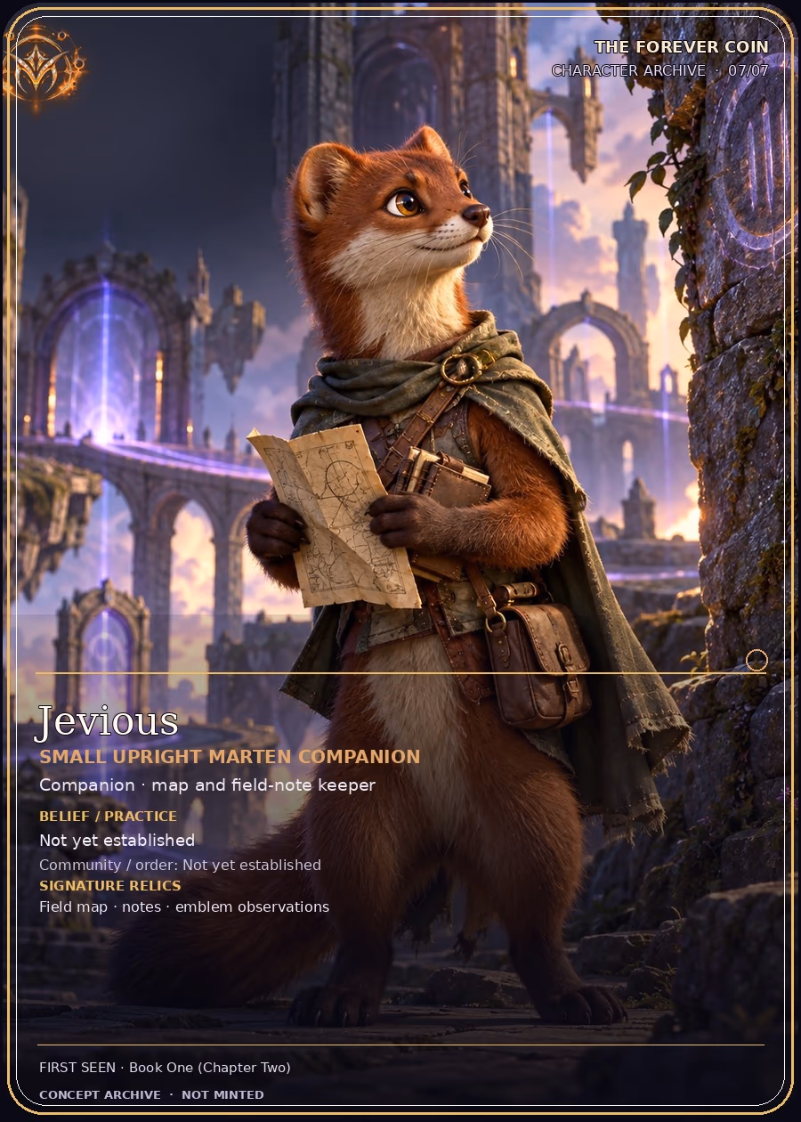 MFVRSE character card concept: Jevious, small upright marten companion with a field map and notes.