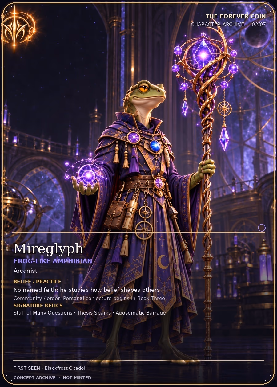 MFVRSE character card concept: Mireglyph, frog-like amphibian Arcanist with violet staff and Thesis Sparks.