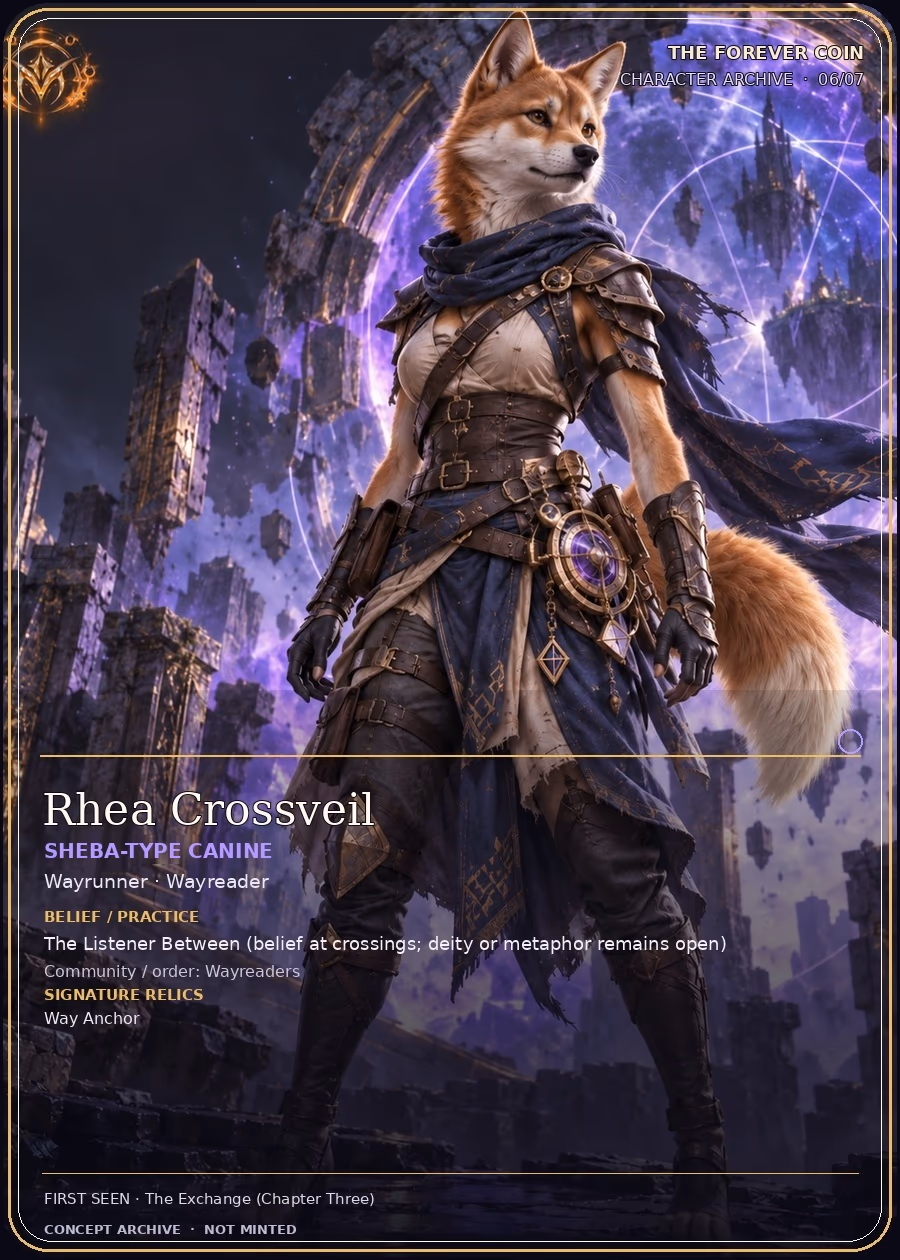 MFVRSE character card concept: Rhea Crossveil, Sheba-type Wayrunner with a visible fluffy tail, scarf, armor, and Way Anchor.