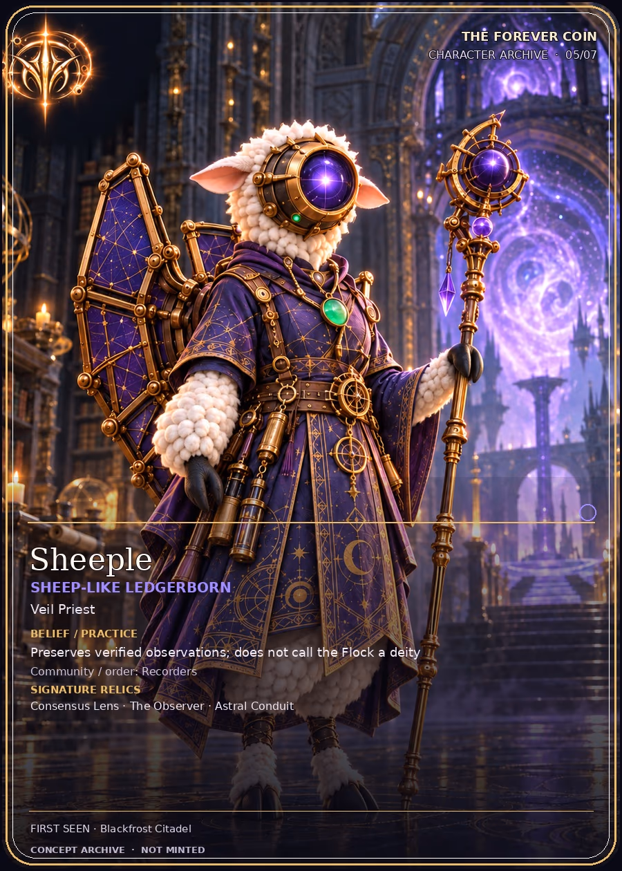 MFVRSE character card concept: Sheeple, sheep-like Veil Priest with hooves, Consensus Lens, and solar-panel-like Astral Conduit.