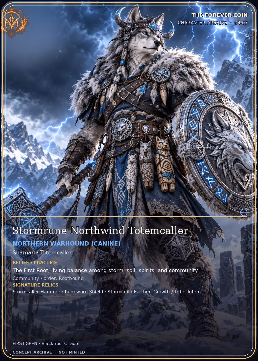 MFVRSE character card concept: Stormrune Northwind Totemcaller, a gray-and-white canine shaman with hammer, shield, and totems.
