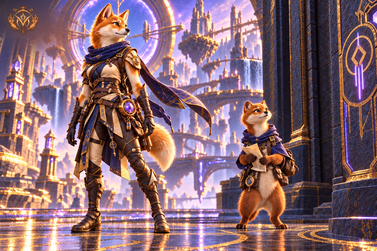 Rhea Crossveil and Jevious standing together among portal-lit ruins.