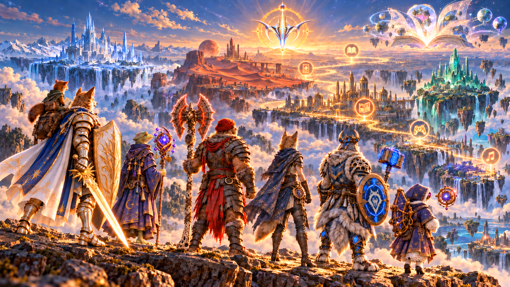 The Ledgerborn, Rhea and Jevious on a cliff at dawn, looking down a road of light that winds across the connected realms toward an open book of new worlds, beneath the rising MFVRSE emblem.